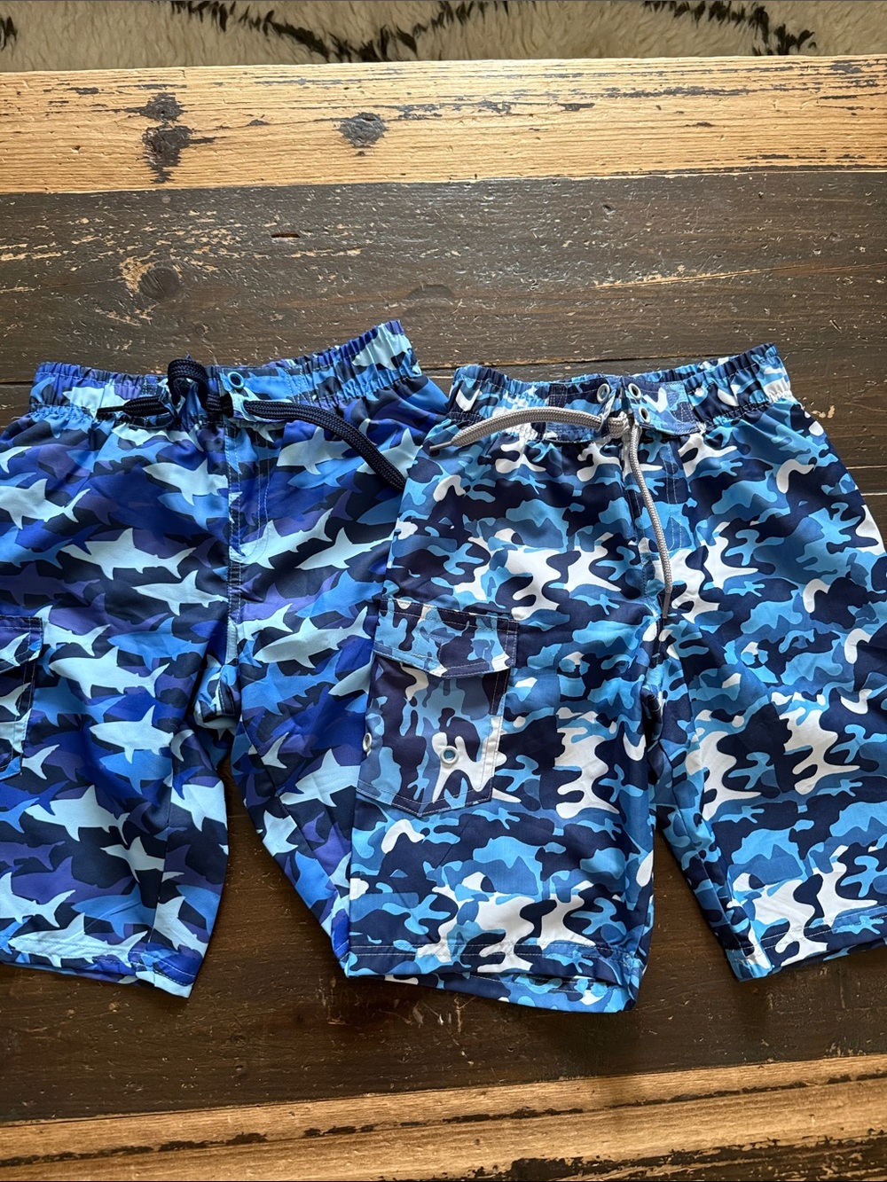 Kids Blue Camo Swim Trunks with Drawstring Waist